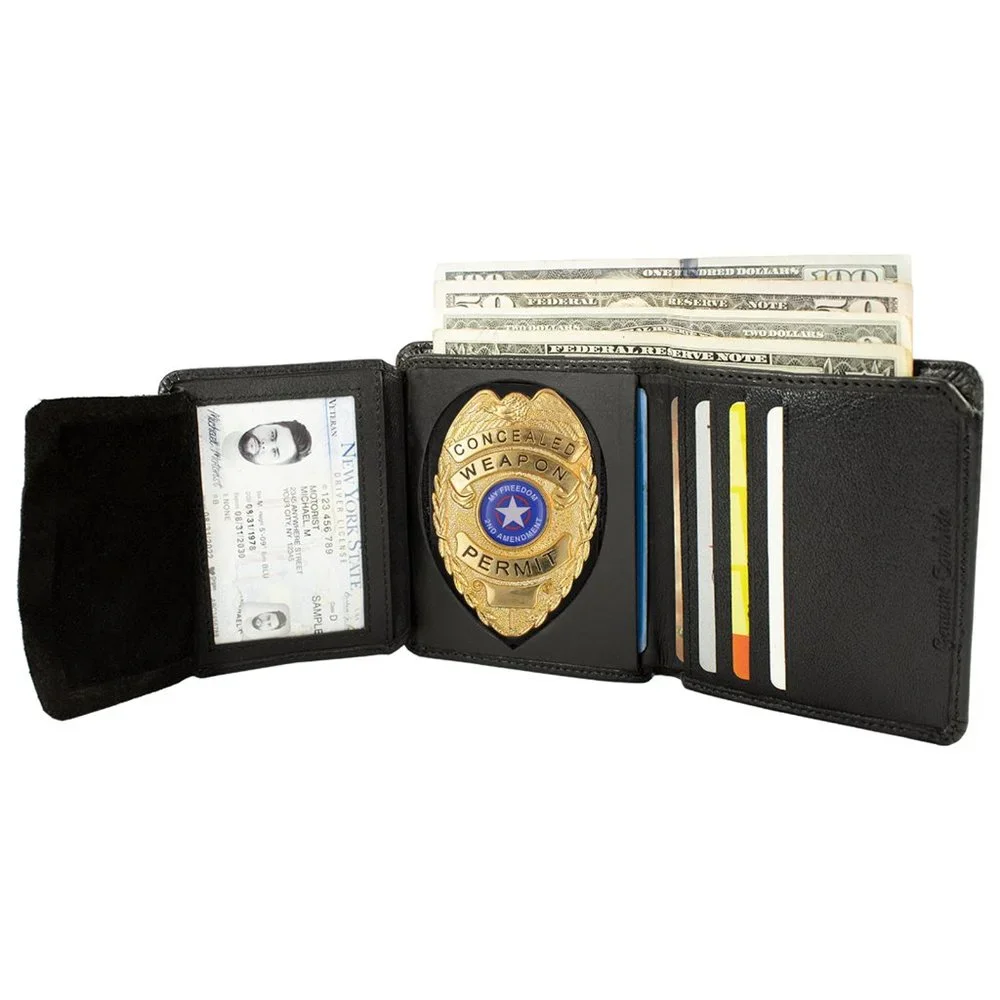 Leather Bi-Fold Badge Wallet for Police & Law Enforcement, ID Badge Holder